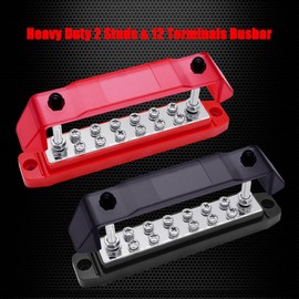 Ampper Power Distribution Block Bus Bar 12V, 2 x M6 (1/4") Studs & 12 x M4 (#8) Screws, 6.3" 150A Marine BusBar Battery Distribution Block W/Cover for Car Boat Solar (Red & Black)