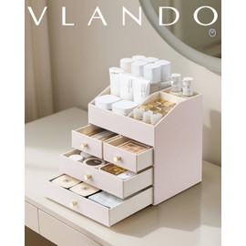 Vlando Makeup Organizer Countertop,Large Vanity Organizer PU Leather Make up Storage with 4 Drawers Skincare Organizer Cosmetic Display Case for Lipstick,Brushes-Apricot White