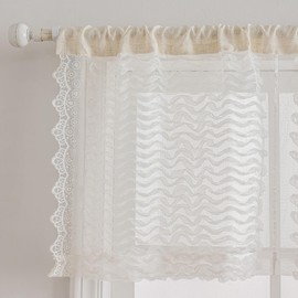 Kotile White Ruffle Lace Valance for Windows 1 Panel Shabby Chic Wavy Stripes Romantic Ruffled Sheer Kitchen Valance Curtain Over Sink, Pieced Linen Rod Pocket Header Window Valances, 50 x 24 Inch