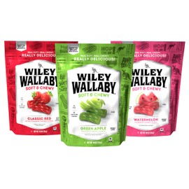 Wiley Wallaby Licorice 10 Ounce Variety Pack - Red, Watermelon & Green Apple Classic Gourmet Australian Style Soft & Chewy Licorice Candy - Pack of 3