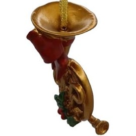 OnHoliday Gold Color French Horn Brass Instrument in Red Holiday Ribbon Hanging Christmas Tree Ornament