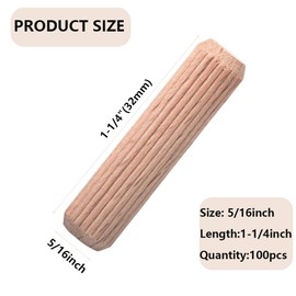 Fluted Wood Dowel Pins, 100Pcs Fluted Wood Dowels Rods 5/16inch , Hardwood Crafts Dowel Pegs,for Crafts, Furniture, DIY Manual (5/16 Inch - 100 Pcs)
