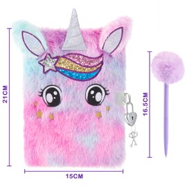 WERNNSAI Plush Unicorn Notebook Set - Sparkly Journal Unicorn Diary for Girls Kids Gift Embroidery Fuzzy School Travel A5 Secret Lined Notepad Ballpoint Pens Tape with Locks and Keys