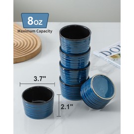 Tikooere Ramekins 8 oz Oven Safe,Set of 6 Ceramic Souffle Dish Oven Safe for Creme Brulee,Porcelain Creme Custard Cups for Pudding,Creme Brulee,Serving Dip, Custard,Ice Cream,Dishwasher Safe,Blue