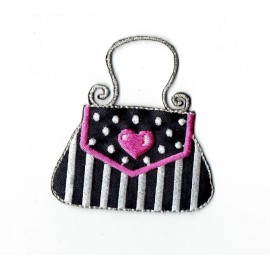 Wholesale Applique Iron On Embroidered Applique Patch Black and Silver Fashion Purse Pink Heart