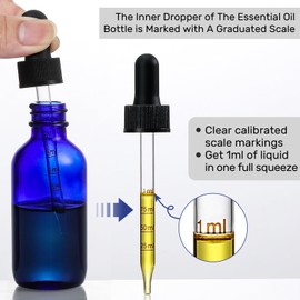 4 Pack 2 oz Glass Dropper Bottles with Measured Dropper - 60ml Dark Blue Tincture Bottles with Graduated Calibrated Glass Eye Droppers (1ml) for Essential Oils, Liquids - Leakproof Travel Bottles