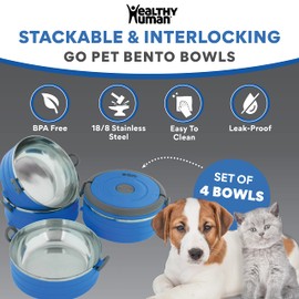 Healthy Human Travel Pet Bento Bowls - Human-Grade Stainless Steel & BPA-Free, Leak-Proof Water & Food Container Set for Dogs & Cats, 4-Pack Interlocking Bowls, Includes Spare Clips & Handle (Blue)