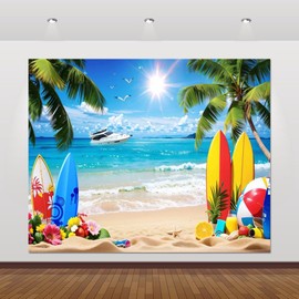 Summer Hawaiian Beach Backdrop 10x8ft Sea Ocean Seaside Surfboard Palm Tree Leaves Photography Background for Luau Aloha Hawaii Party Decoration Banner
