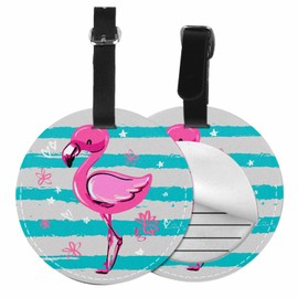 TKS MITLAN 1 Pack Pink Flamingo PU Leather Travel Cruise Luggage Tag Blue Stripes Flower Stars Hearts Baggage Bag Backpack Instrument with Privacy Flap Name ID Label for Girls Suitcase(Round)