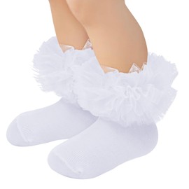 Zando White Ruffle Socks for Toddler Baby Girls Kids Princess Dress Ankle Turn Cuff Socks Double Lace Frilly Cotton Newborn Tutu Socks Little Girls Socks 4-6 Years White