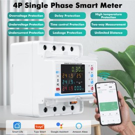 4P 3 Phase WiFi Smart Energy Meter, Digital Color Display by Tuya APP Remote, 100A WiFi Smart Power Consumption Monitor KWh Meter Circuit Breaker Over Under Voltage Protector (with Transformer)
