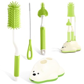 Juego de Cepillo para Biberones, 4 EN 1 Multifunción Cepillos de Silicona, Incluye Limpieza para Biberones, Cepillo para Pezones, Limpiador de Pajitas, Estante de Secado (Verde)