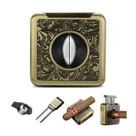 Stainless Steel Cigar Cutter Multifunctional Cigar Cutter with V-shaped Blade with Hidden Cigar Drill, Double Needle and Portable Cigar Holder (Gold)