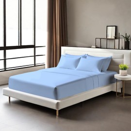 Egyptian Cotton Fitted Sheets 25cm Deep Mattress Pocket 200 Thread Count Fitted Bed Sheet- Soft & Comfortable Bottom Sheet (Blue, Double)