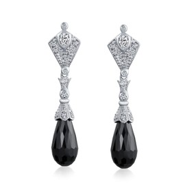 Deco Style Black Teardrop Faceted Briolette Cubic Zirconia Pave CZ Prom Evening Dangle Earrings .925 Sterling Silver