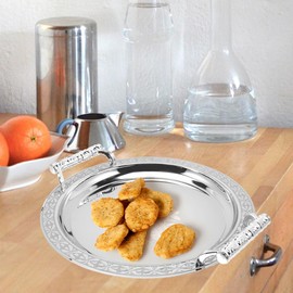 Zerodeko Stainless Steel Tea Tray Tea Serving Platter with Handles European Serving Tray Round Dinner Plate Retro Fruit Tray for Food Fruit Coffee Tea Silver