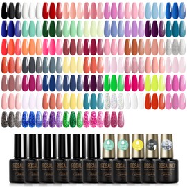 ROSALIND 65PCS Gel Nail Polish Set, 60 Colors Glitter Red Gel Polish with 5 Bottles of Base and Glossy Matte Top Coat Soak off Nail Set Suitable for All Seasons
