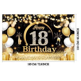Tbecor 18th Happy Birthday Banner Backdrop Extra Large (185 x110cm) Black Gold Theme Birthday Party Background Decorations Supplies for Boys Girls Indoor Outdoor