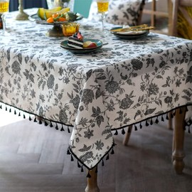 SUTAVIA Boho Cotton Linen Tablecloth Bohemian Beige Black Floral Fabric Embroidery Lace Farmhouse Table Top for Home Decor Holiday Party Dining Table Indoor (Black Flower, Rectangular 52"x70")