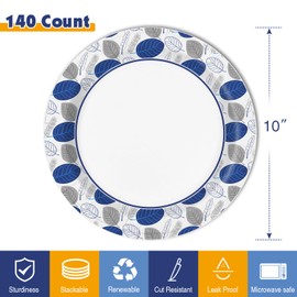 Ginkgo 10 Inch Paper Plates 140 Count, Microwave Safe, Soak Proof, Cut Resistant, Disposable Heavy Duty Paper Plates Bulk for Party, Breakfast, Lunch, Dinner, and Daily Use - Larger