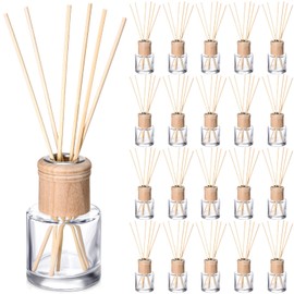 Roshtia 20 Set Reed Diffuser Bottle Empty Fragrance Glass Diffuser Bottles Refillable Diffuser Bottles Set with Wooden Caps and Rattan Sticks 50ml 1.7 Oz Diffuser Glass Jars for DIY Fragrance (Round)