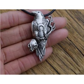 Fashion Jewelry big WICCA CROW RAVEN MOON SKULL CELTIC pendant 24" 925 Sterling Silver Necklace