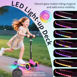 BELEEV A6 Kids Scooter with LED Light-Up Wheels & Deck, 3 Wheel Kick Scooter for Toddlers Girls Boys Ages 3-8, 4 Adjustable Handlebar, Lean to Steer, Non-Slip Deck, Lightweigh Scooter for Kids (Pink)
