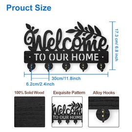 MAYJOYDIY Wooden Welcome Message Sign Key Hook Welcome to Our Home Key Rack for Wall 30×17.3 cm Leaf Plant Black Art Key Holder with 5 Alloy Hooks for Entryway Bedroom Home Decor