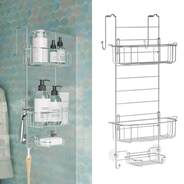 Zenna Home Hanging Shower Caddy, Over the Door, Rust Resistant, with 2 Storage Baskets, Soap Dish, Razor Holders and Hooks, Bathroom or Kitchen Shelf Organizer, No Drilling, Chrome