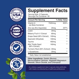 Complete Eye Health Supplement for Adults - Lutein 20mg Per Serving Eye Vitamins for Vision Dry Eyes Pressure and Blue Light Protection - Eye Supplement for Adults with Beta Carotene for Eyes