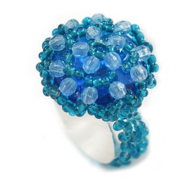 Avalaya 20mm D/Turquoise Glass and Blue Acrylic Bead Button-shaped Flex Ring - Size S/M