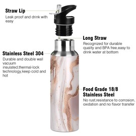 Qilmy Water Bottle with Straw Lid Leakproof Vacuum Insulated Stainless Steel Rose Gold Abstract Marble Sport Water Bottles 20 oz