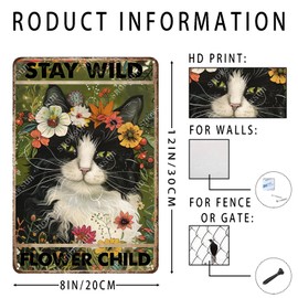 snowsun Vintage Metal Signs Cat Stay Wild Flower Child Funny Tin Sign Home Decor Wall Plaque for Living Room Bedroom Garden Yard Cafe Garage 8×12 Inches