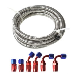 WFLNHB 10FT Stainless Steel Braided Fuel Hose Line with 6 Pieces 4AN Swivel Hose End Fitting Kit (Blue and Red Swivel Silver Fuel Hose）