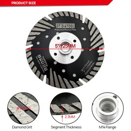 DT-DIATOOL Diamond Cutting Disc 125mm x M14 Turbo Saw Blade with Protective Teeth for Cutting Grinding Granite Marble Concrete Tiles