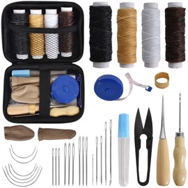 Leather Sewing Set Leather Craft Tool Set, Leather Thread Wax Thread with Leather Needle, Sewing Awel, Thread Scissors, Thimble, Tape Measure and Storage Bag for Leather Padding Repair