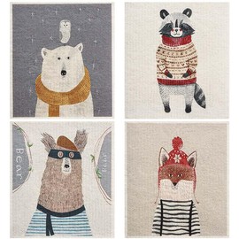 Sponge Wipe, Kitchen Cloth, Cellulose, Dish Towel, Natural Fiber, 6.7 x 7.5 inches (17 x 19 cm), Set of 4, Drying Mat, Quick Drying, Absorbent Sponge, Cloth, Wipe, Animal