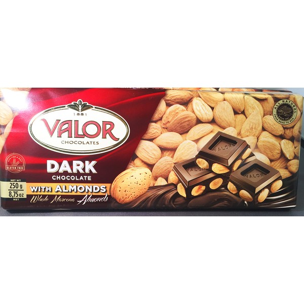 Valor Dark Chocolate Bar (52% Cacao) with Whole Marcona Almonds (8.75 oz/250 g)