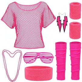 MIVORA 90s 80s Outfit Women, 90s Costume Accessories, Mesh Top, Headband, Leg Warmer, Necklace, Glasses and Earring, 80s Hit Party for Carnival Neon Party, pink