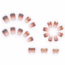 Nail Tip, Short, 24 Pieces, False Nails, Red, Gradient, Blue Edge, 3D Nail Sticker, Bear, Flower, Nail Tip, Popular, Japanese, Cute, Simple, Fashionable Party, Autumn, Spring, Summer, Daily Life,