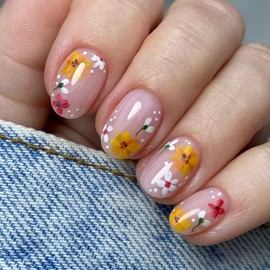 Flower Press on Nails Short Almond Fake Nails Red White Yellow Flowers Glue on Nails Full Cover Oval Shaped Nude False Nails Cute Spring Summer Stick on Nails for Women Manicure Decoration 24Pcs