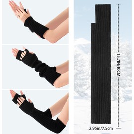 Women's Knit Fingerless Arm Warmers - Long Stretchy Thumb Hole Gloves for Driving, Typing & Cold Weather (Black)