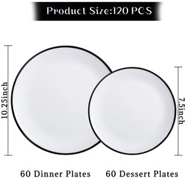 LIYH 120 Pcs White Plastic Plates with Black Rim - Disposable Plates Dishes for Party Wedding Includes 60 Dinner Plate 10.25" 60 Dessert Plate 7.5" for Party Birthdays 60 Guests