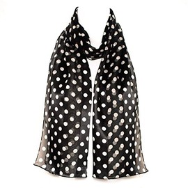Hat To Socks Polka Dot Chiffon Satin Scarf (White Dots on Black)