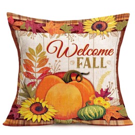 Smilyard Autumn Pumpkin Decor Pillow Case Cotton Linen 18x18 Inch Vintage Sunflower Maple Leaf Decorative Pillow Covers Square Fall Outdoor Home Decor Sofa Bed Couch 18x18 Inch  (AH 13)