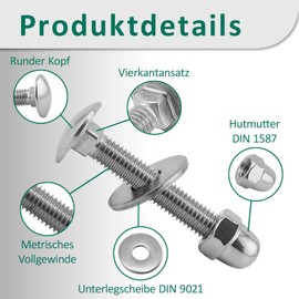 DSM – Schlossschrauben M5 x 12 mm nach DIN 603 – M5 Hutmutter DIN 1587 & Unterlegscheibe DIN 9021 – Edelstahl A2/V2A – Vollgewinde – Flachrundkopfschrauben mit Vierkantansatz – 50 Stück