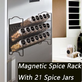 SWOMMOLY Magnetic Spice Rack for Refrigerator with 21 Spice Jars, 396 Spice Labels Set, 3 Tier Spice Rack Organizer for Cabinet, Countertop, Fridge, Pantry, Black
