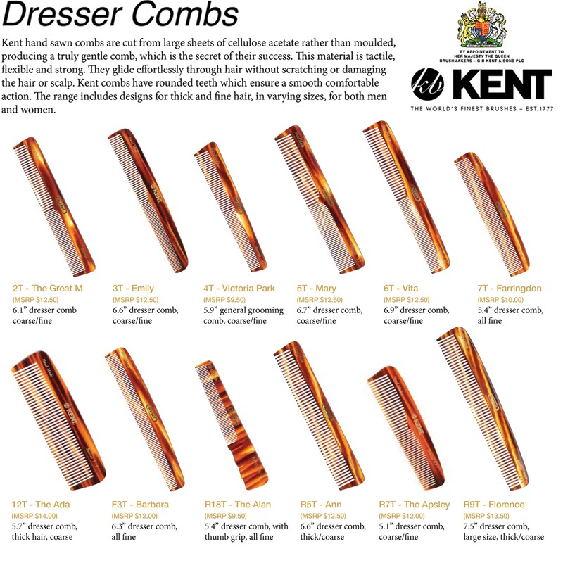 Kent Handmade Medium Coarse Toothed Dressing Hair Comb, 19 cm