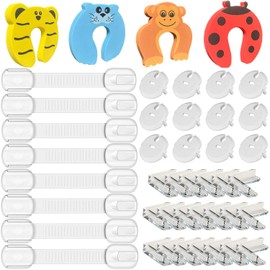 Baby Child Home Safety Protection – Baby Plug Cover (12 Covers + 3 Keys) + 20 Table Corner Protectors + 8 Locks Safety Latches for Baby and Children + 4 Anti-Pinch Door Stopper