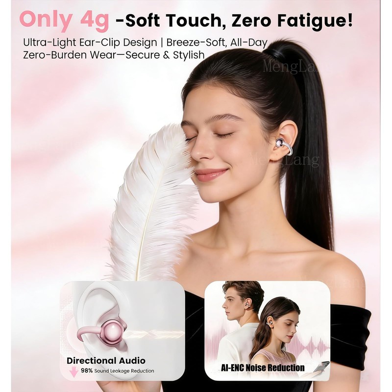 Menglang Open Ear Clip Wireless Earbuds Bluetooth 6.0, Lightweight Comfort